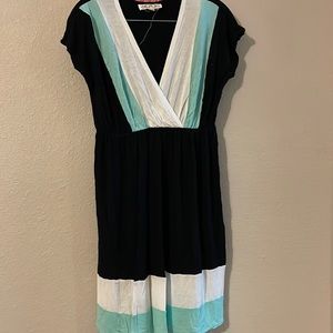 Black white and teal dress